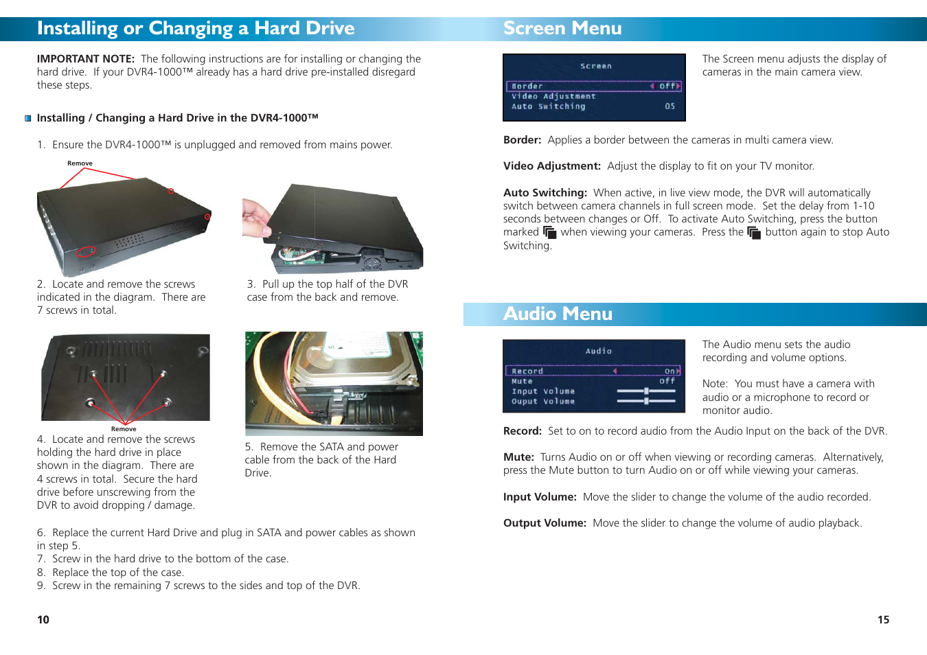 Installing or changing a hard drive, Screen menu audio menu | Swann DVR4-1000 User Manual | Page 10 / 12