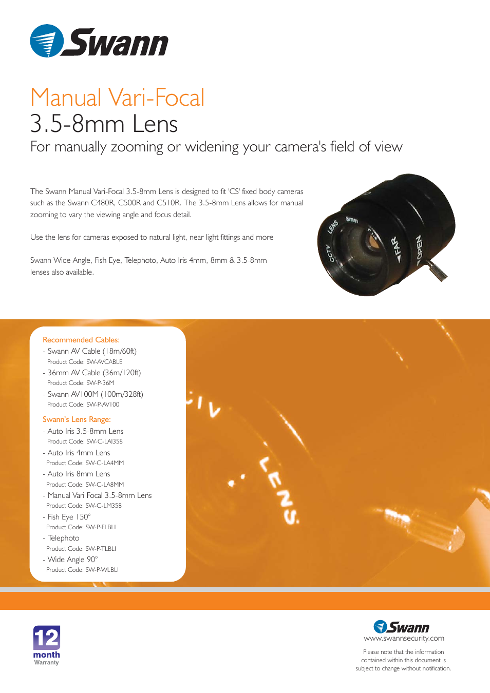 Manual vari-focal 3.5-8mm lens | Swann SW-C-LM358 User Manual | Page 2 / 2