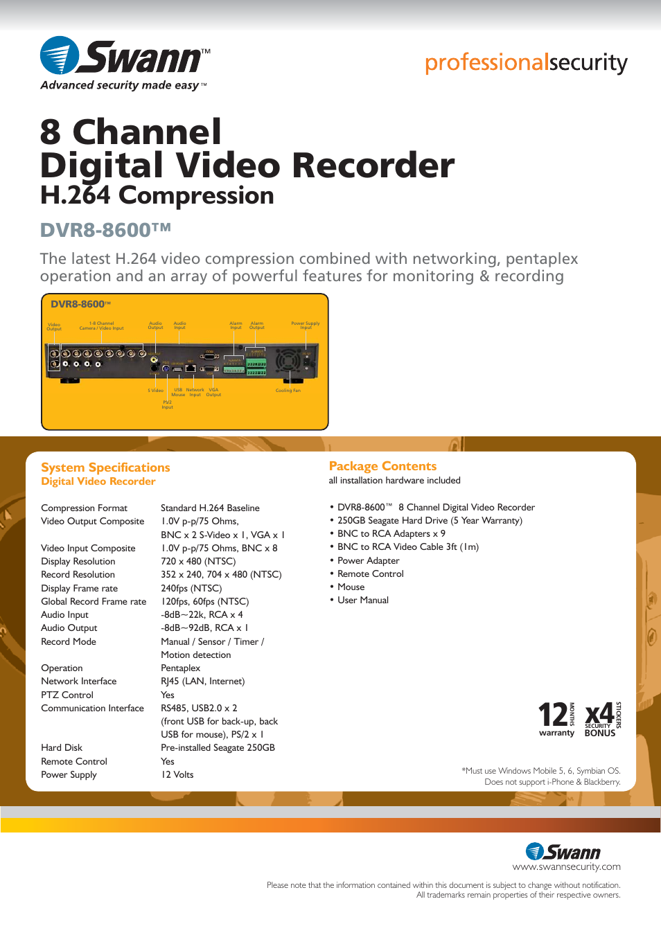 8 channel digital video recorder, H.264 compression, System specifications | Package contents | Swann DVR8-8600 User Manual | Page 2 / 2