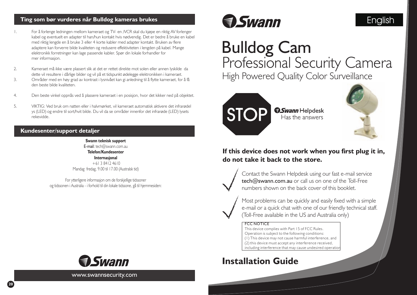 Bulldog cam, Professional security camera, High powered quality color surveillance | Installation guide, English | Swann Bulldog Cam SW244-X6C User Manual | Page 19 / 19