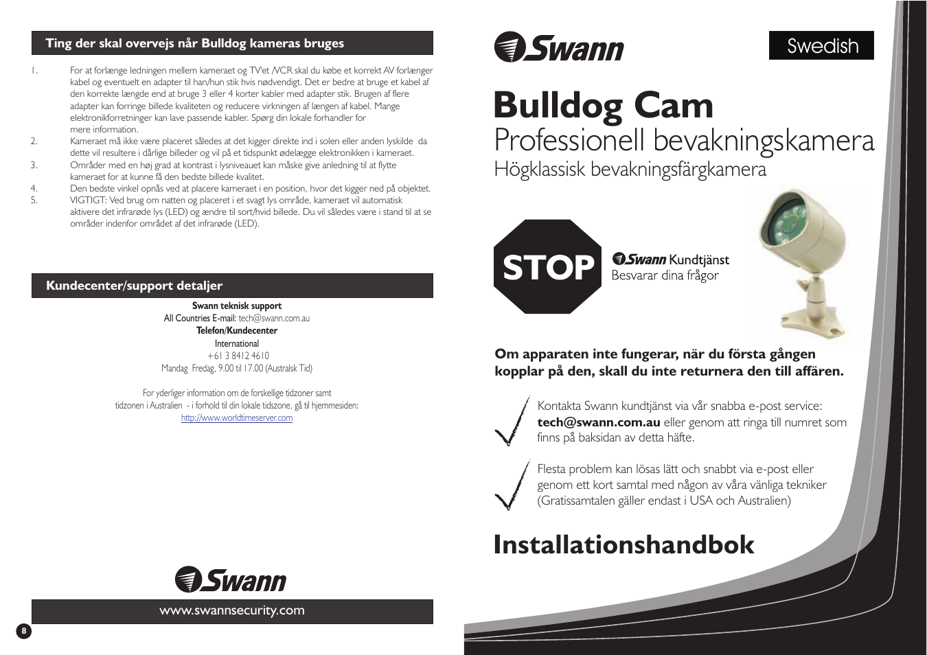 Bulldog cam, Professionell bevakningskamera, Installationshandbok | Högklassisk bevakningsfärgkamera, Swedish | Swann Bulldog Cam SW244-X6C User Manual | Page 8 / 19