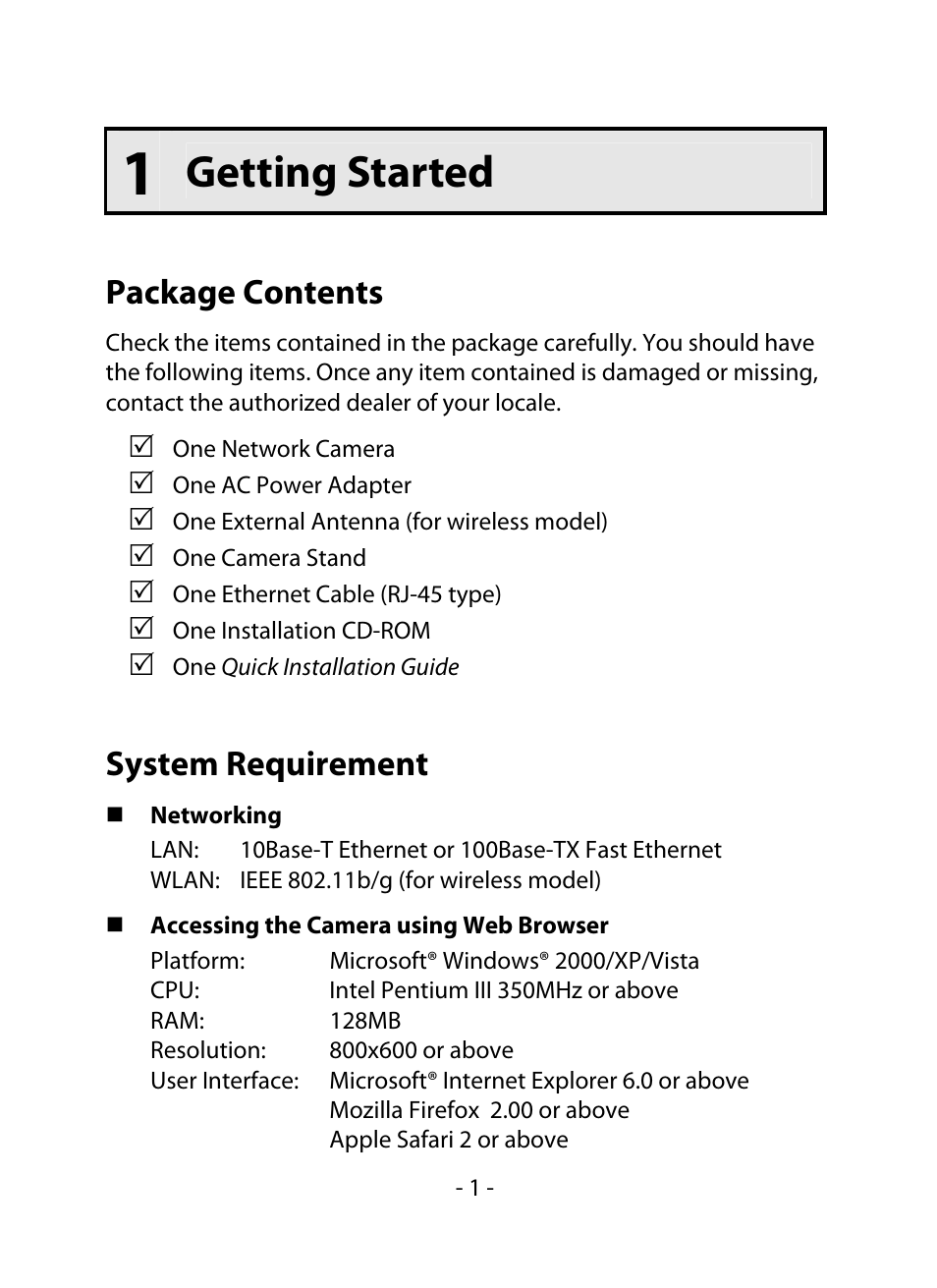 Package contents, System requirement, Getting started | Swann CONNECT CAM 500 User Manual | Page 2 / 9