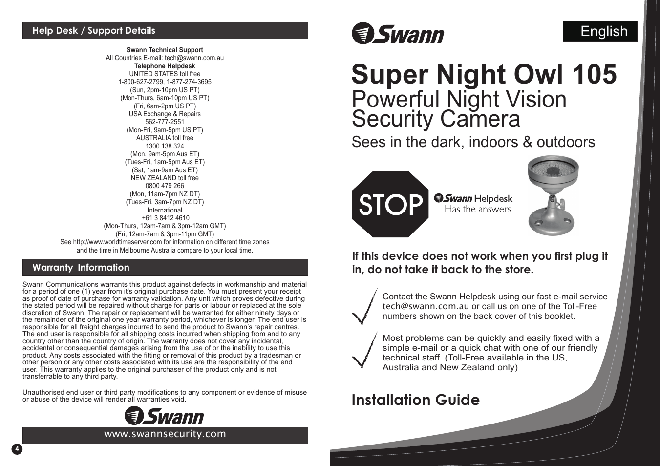 Swann SUPER NIGHT OWL 105 User Manual | 2 pages