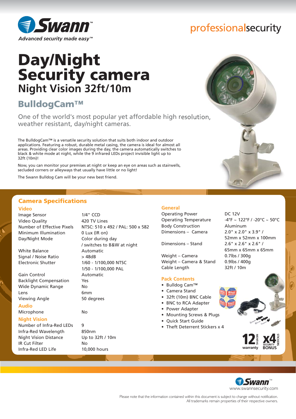 Day/night security camera, Night vision 32ft/10m, Bulldogcam | Camera speciﬁ cations | Swann SW224-BDC User Manual | Page 2 / 2