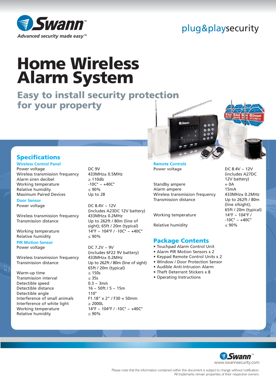 Home wireless alarm system, Plug&play security, Package contents | Speciﬁ cations | Swann SW347-WAK User Manual | Page 2 / 2