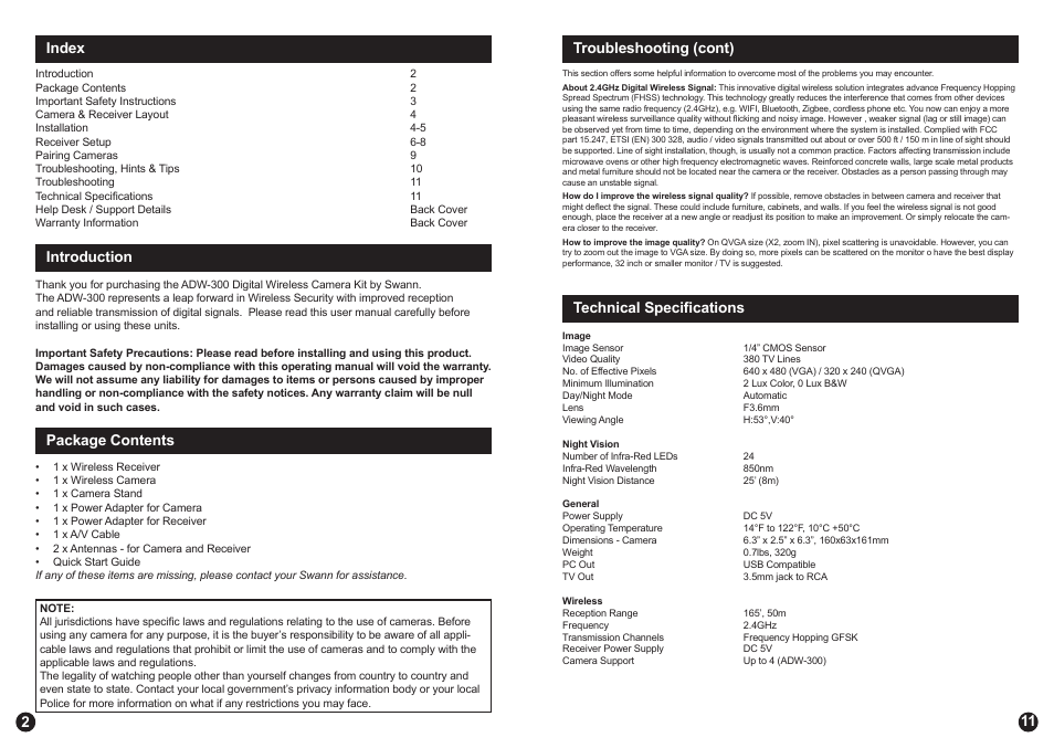 Index, Introduction, Package contents | 211 troubleshooting (cont), Technical specifications | Swann ADW-300 User Manual | Page 2 / 6