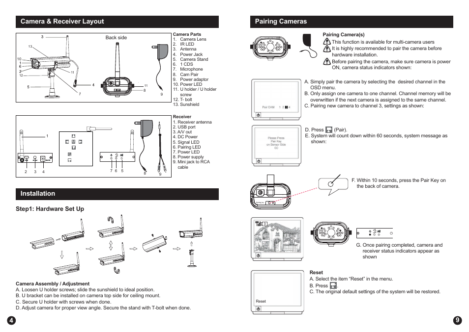 Camera & receiver layout, 4installation, 9pairing cameras | Swann ADW-300 User Manual | Page 4 / 6