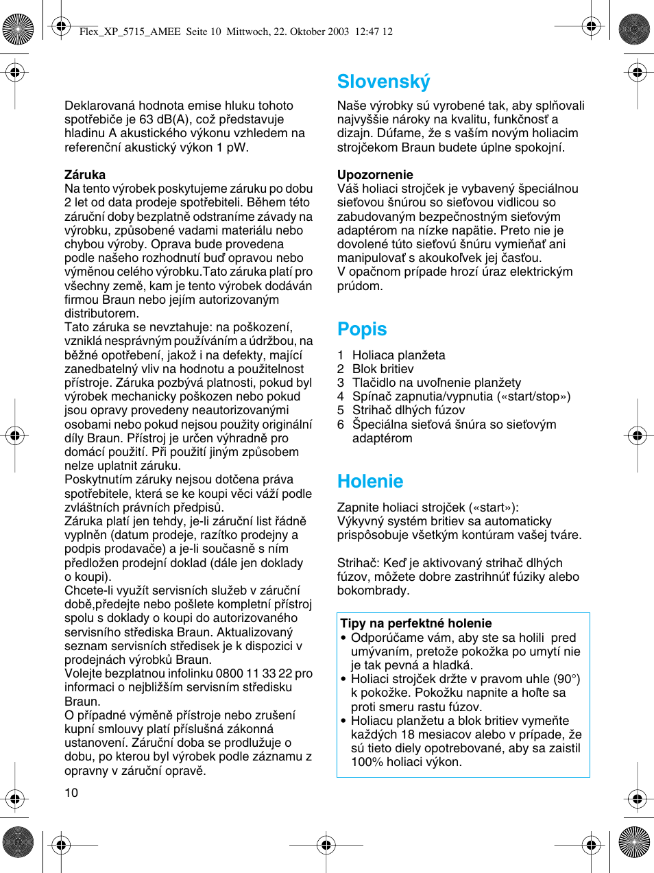 Slovensky, Popis, Holenie | Slovensk | Braun 5715 User Manual | Page 10 / 28