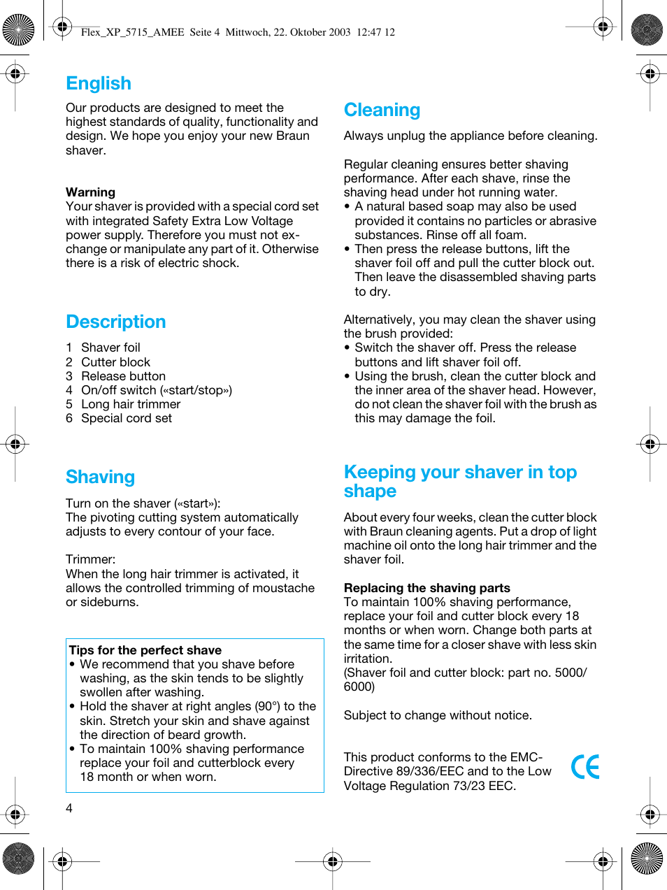 English, Description, Shaving | Cleaning, Keeping your shaver in top shape | Braun 5715 User Manual | Page 4 / 28