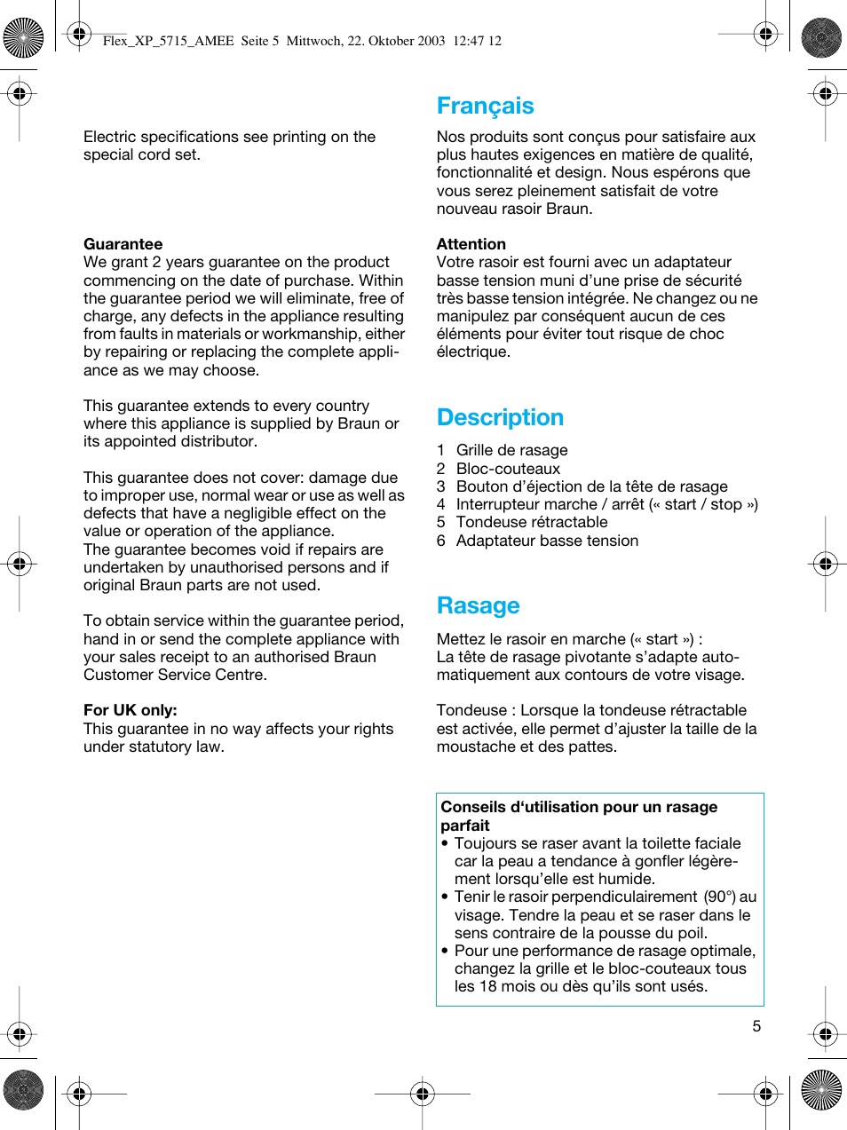 Français, Description, Rasage | Braun 5715 User Manual | Page 5 / 28