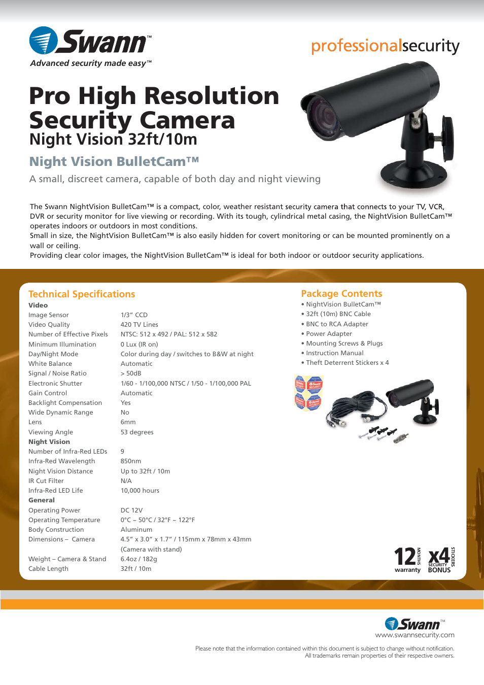 Pro high resolution security camera, Night vision 32ft/10m, Night vision bulletcam | Package contents, Technical speciﬁ cations | Swann BulletCam SW223-CBB User Manual | Page 2 / 2