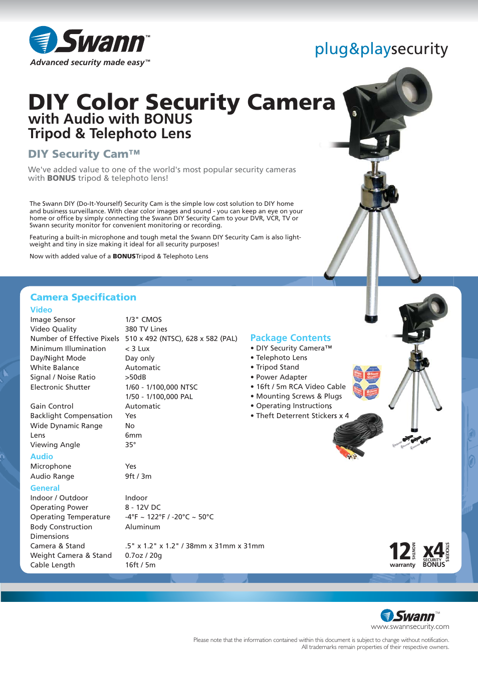 Diy color security camera, Plug&play security, With audio with bonus tripod & telephoto lens | Diy security cam | Swann SW211-DTX User Manual | Page 2 / 2