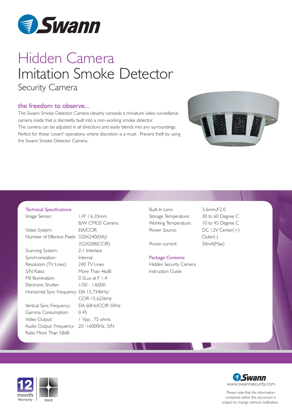 Hidden camera imitation smoke detector, Security camera, The freedom to observe | Swann G0491 User Manual | Page 2 / 2