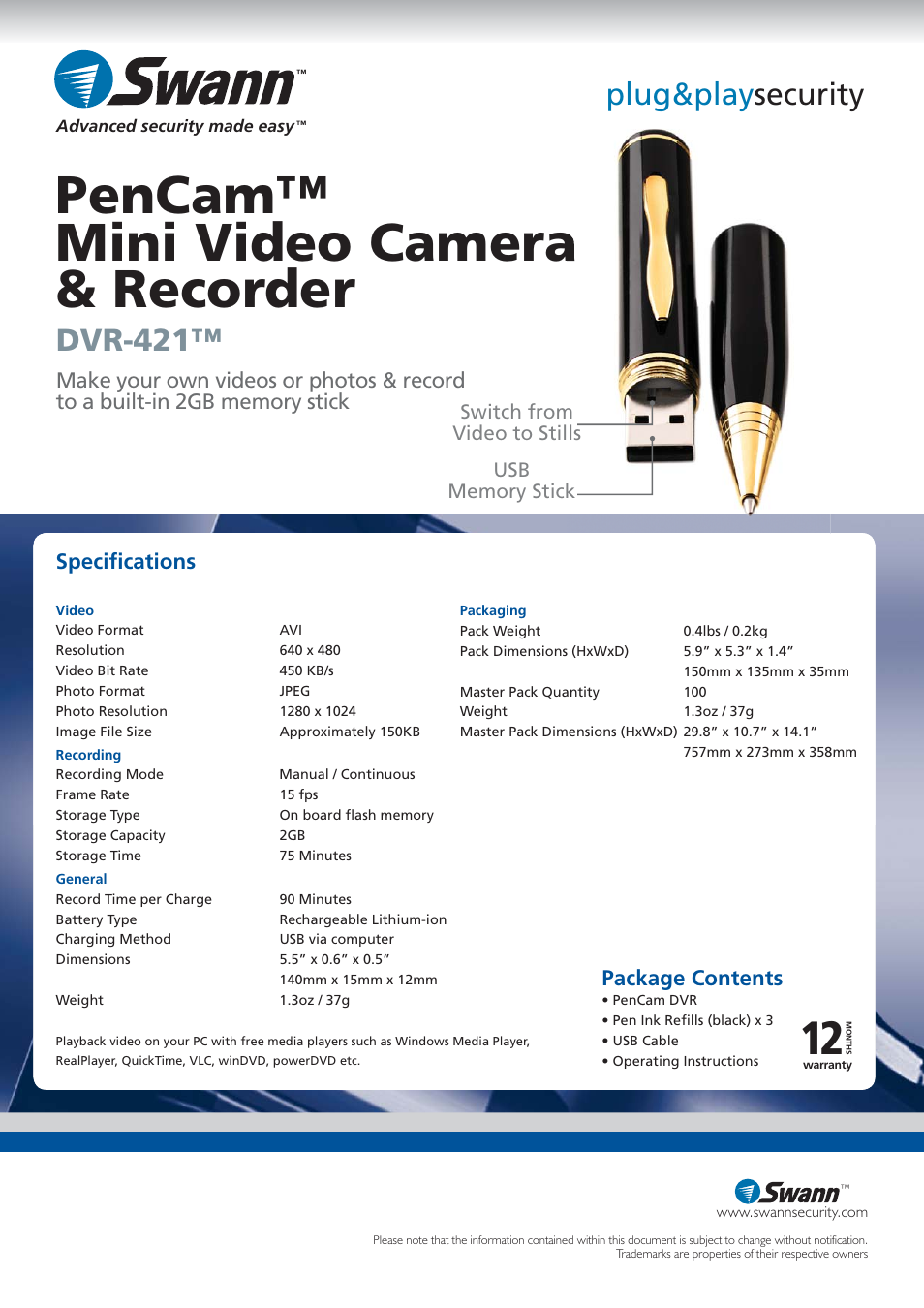 Pencam™ mini video camera & recorder, Dvr-421, Plug&play security | Package contents, Speciﬁ cations | Swann PENCAM DVR-421TM User Manual | Page 2 / 2