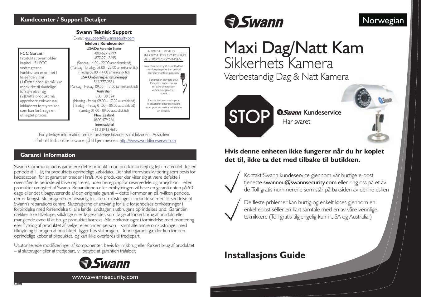 Maxi dag/natt kam, Sikkerhets kamera, Værbestandig dag & natt kamera | Installasjons guide, Norwegian, Kundeservice har svaret | Swann SW245-SMD User Manual | Page 16 / 32