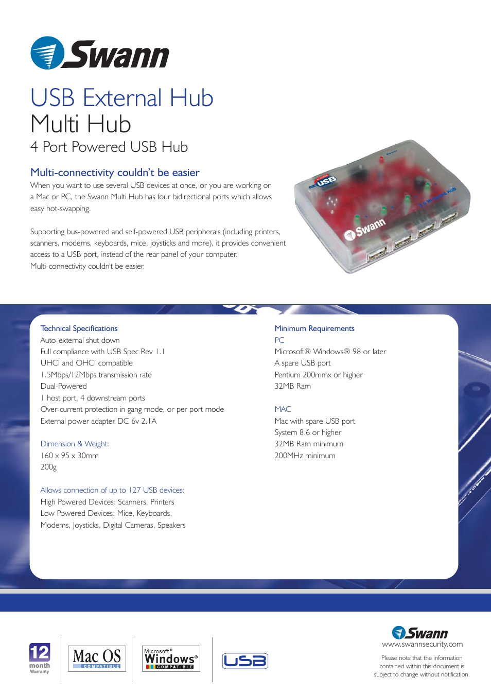 Usb external hub multi hub, 4 port powered usb hub | Swann USB EXTERNAL HUB SW-U-4PMH User Manual | Page 2 / 2