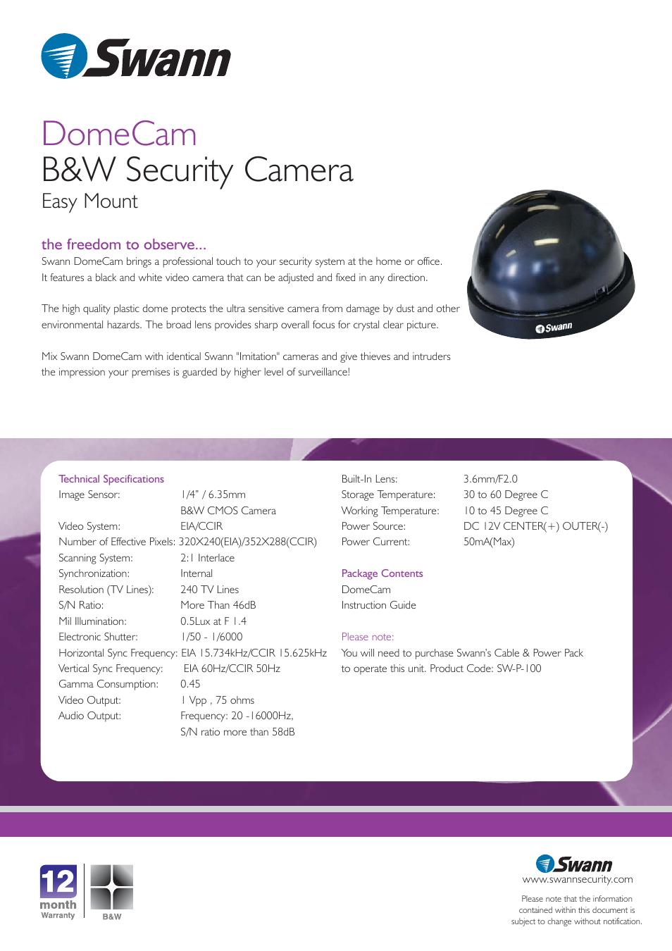 Domecam b&w security camera, Easy mount, The freedom to observe | Swann DOMECAM SW-P-DCBW User Manual | Page 2 / 2