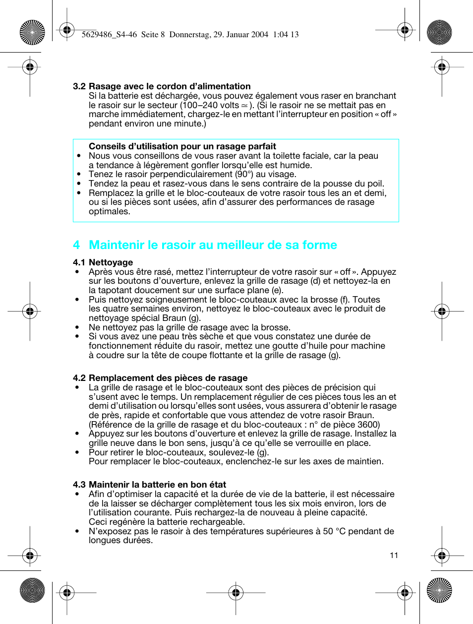 4 maintenir le rasoir au meilleur de sa forme | Braun 3615 User Manual | Page 11 / 46