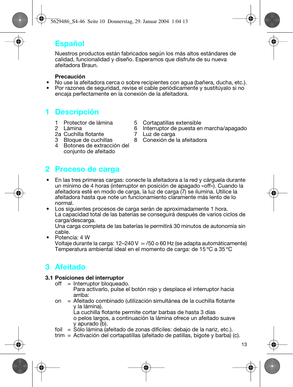 Español, 1 descripción, 2 proceso de carga | 3 afeitado | Braun 3615 User Manual | Page 13 / 46