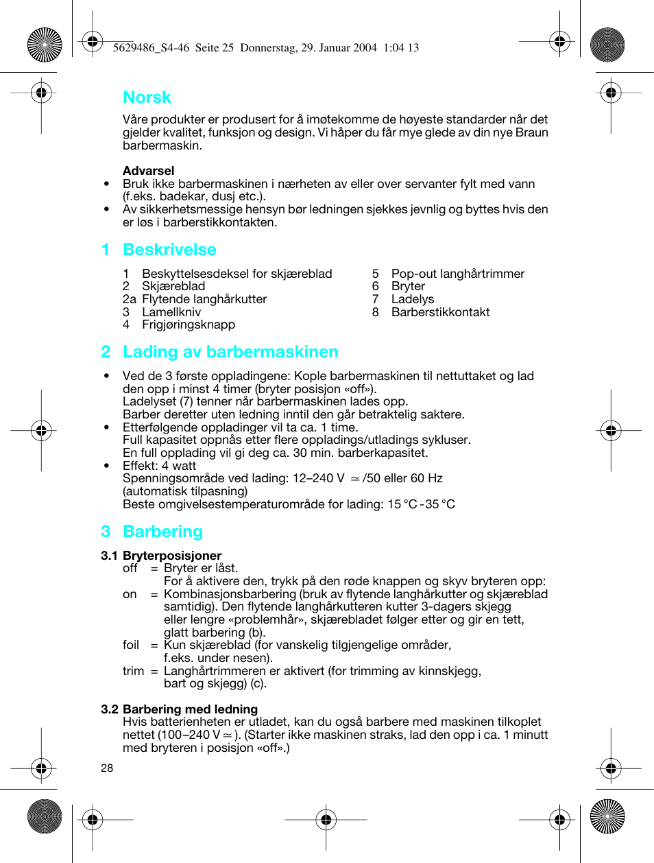 Norsk, 1 beskrivelse, 2 lading av barbermaskinen | 3 barbering | Braun 3615 User Manual | Page 28 / 46