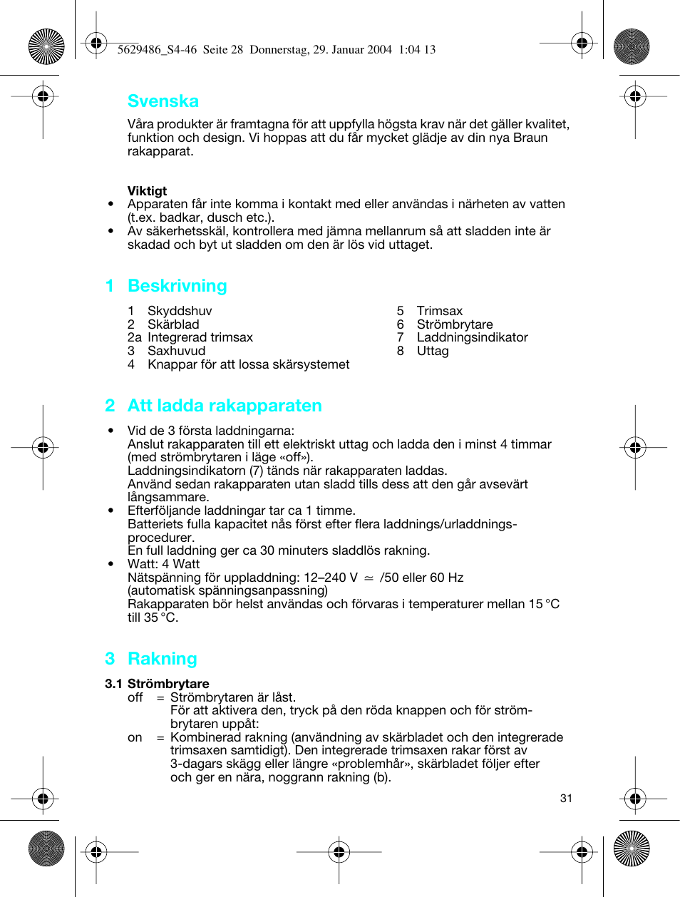 Svenska, 1 beskrivning, 2 att ladda rakapparaten | 3 rakning | Braun 3615 User Manual | Page 31 / 46