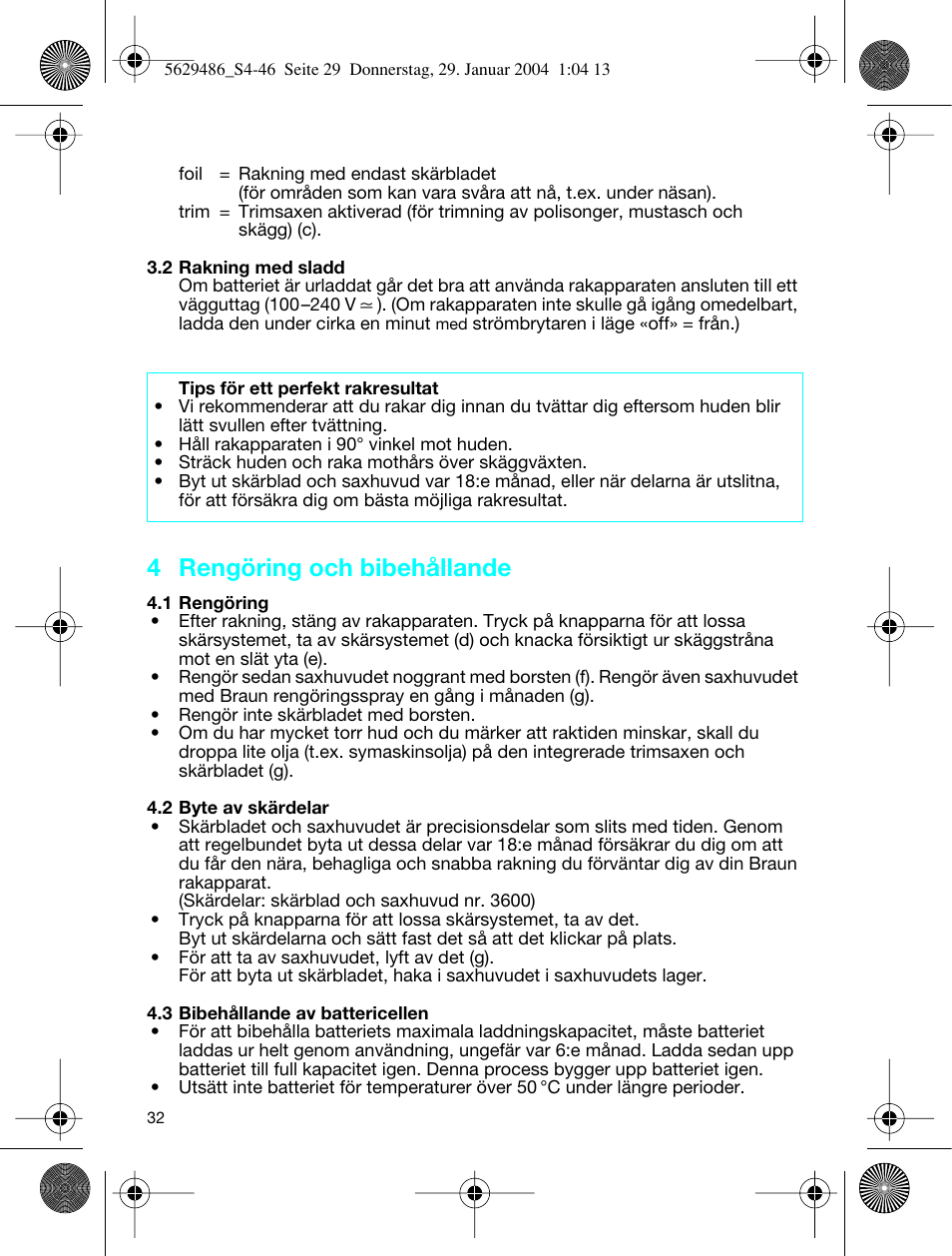 4 rengöring och bibehållande | Braun 3615 User Manual | Page 32 / 46