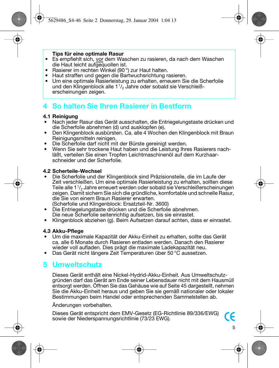 4 so halten sie ihren rasierer in bestform, 5 umweltschutz | Braun 3615 User Manual | Page 5 / 46