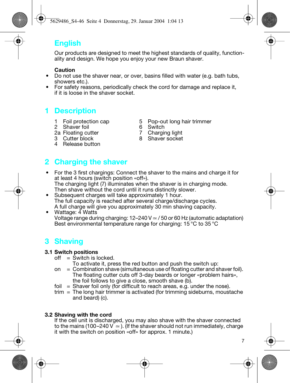 English, 1 description, 2 charging the shaver | 3 shaving | Braun 3615 User Manual | Page 7 / 46