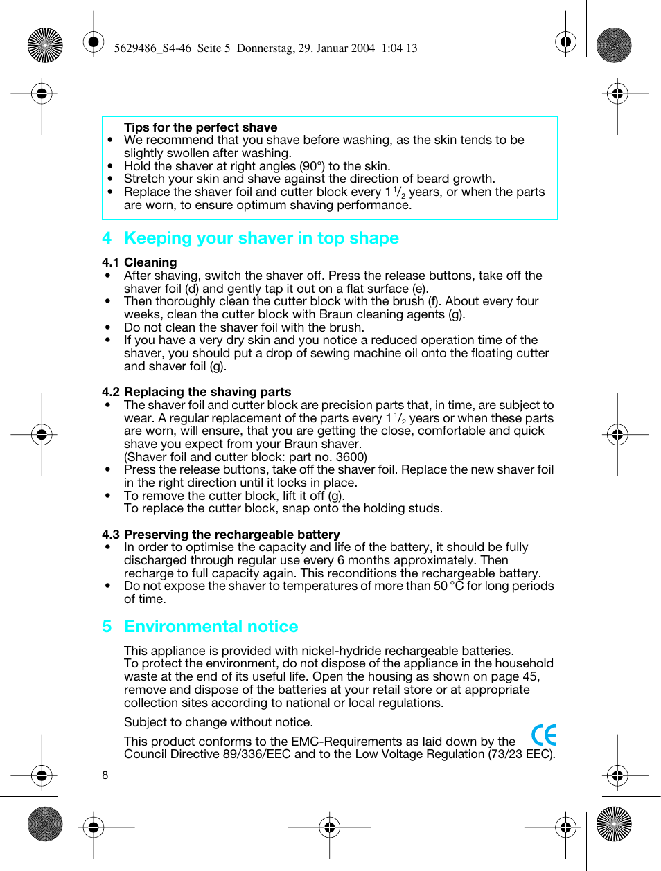 4 keeping your shaver in top shape, 5 environmental notice | Braun 3615 User Manual | Page 8 / 46
