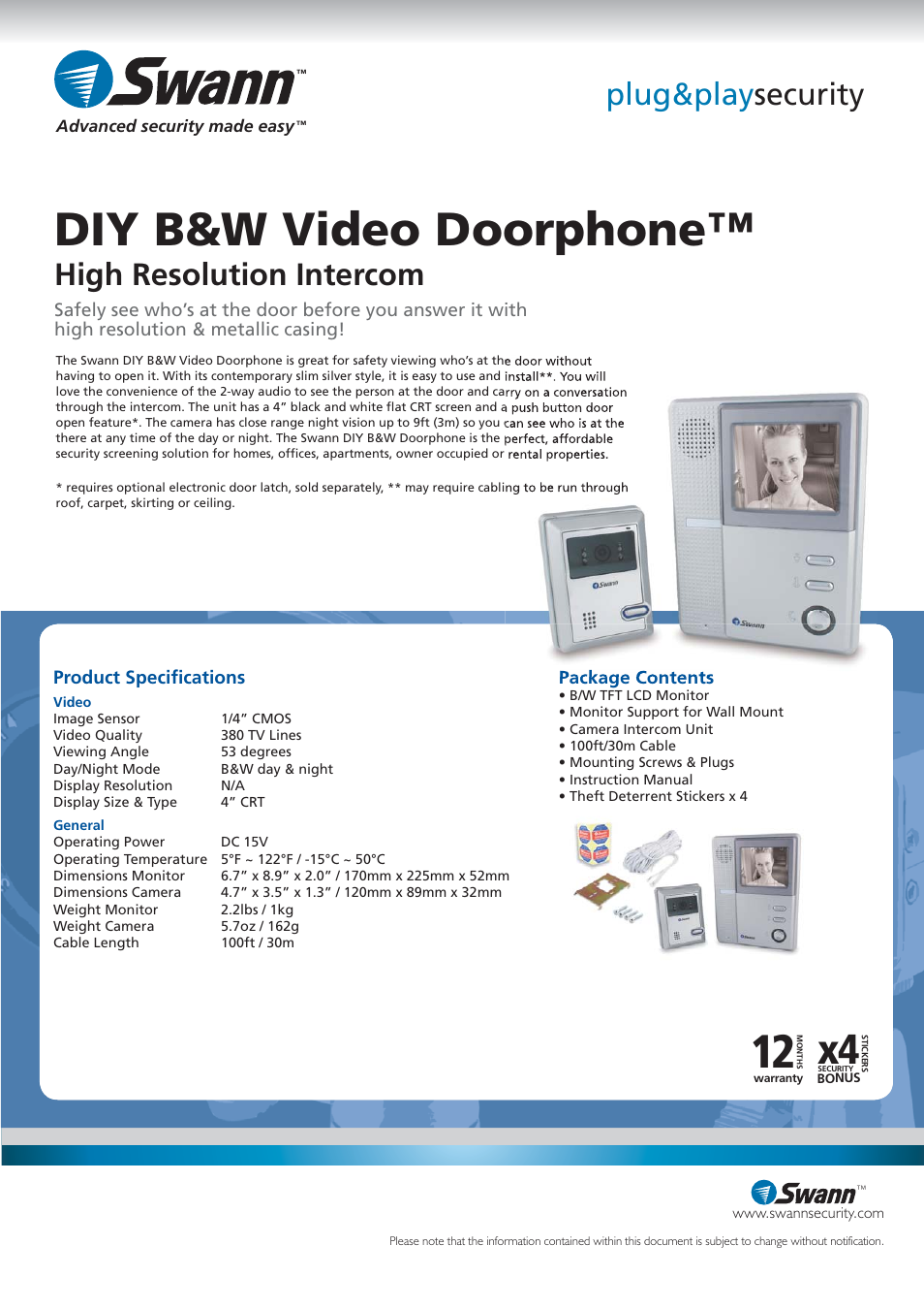 Diy b&w video doorphone, Plug&play security, High resolution intercom | Swann SW244-BVD User Manual | Page 2 / 2