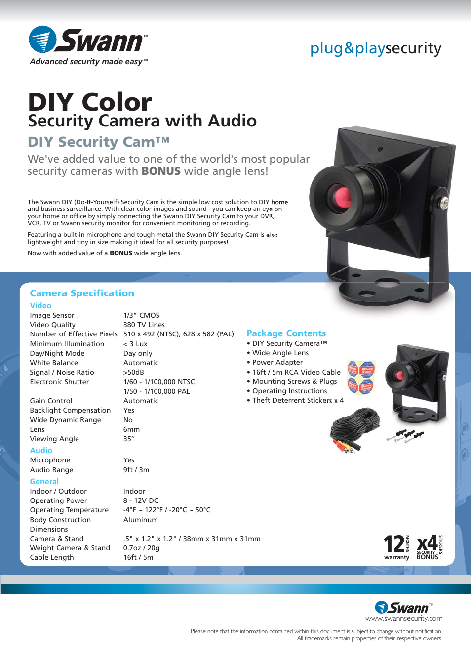 Diy color, Security camera with audio, Plug&play security | Diy security cam | Swann SW211-DSX User Manual | Page 2 / 2