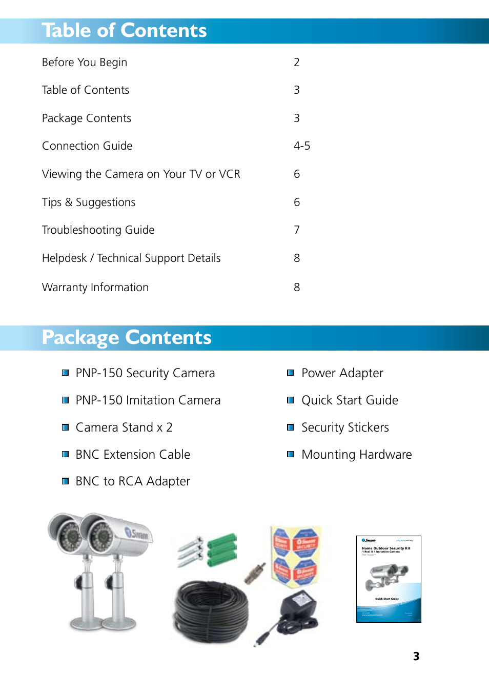 Table of contents package contents | Swann SW212-HXD User Manual | Page 3 / 8