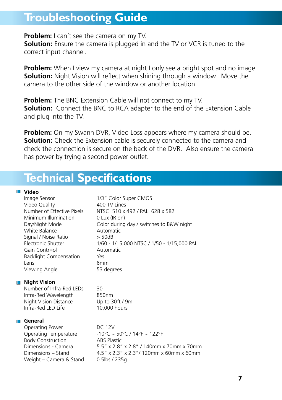 Troubleshooting guide technical specifications | Swann SW212-HXD User Manual | Page 7 / 8