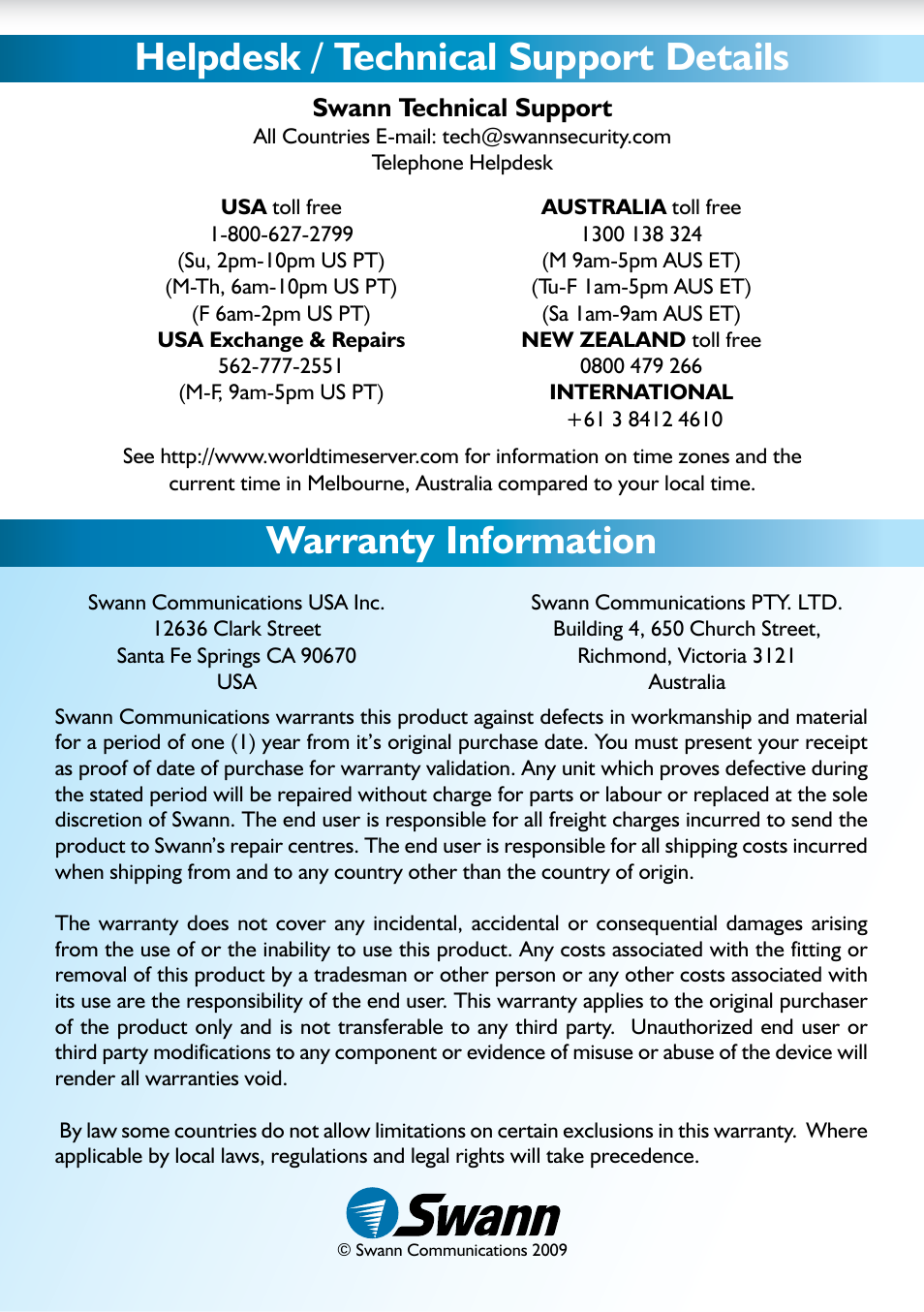 Swann technical support | Swann SW212-HXD User Manual | Page 8 / 8