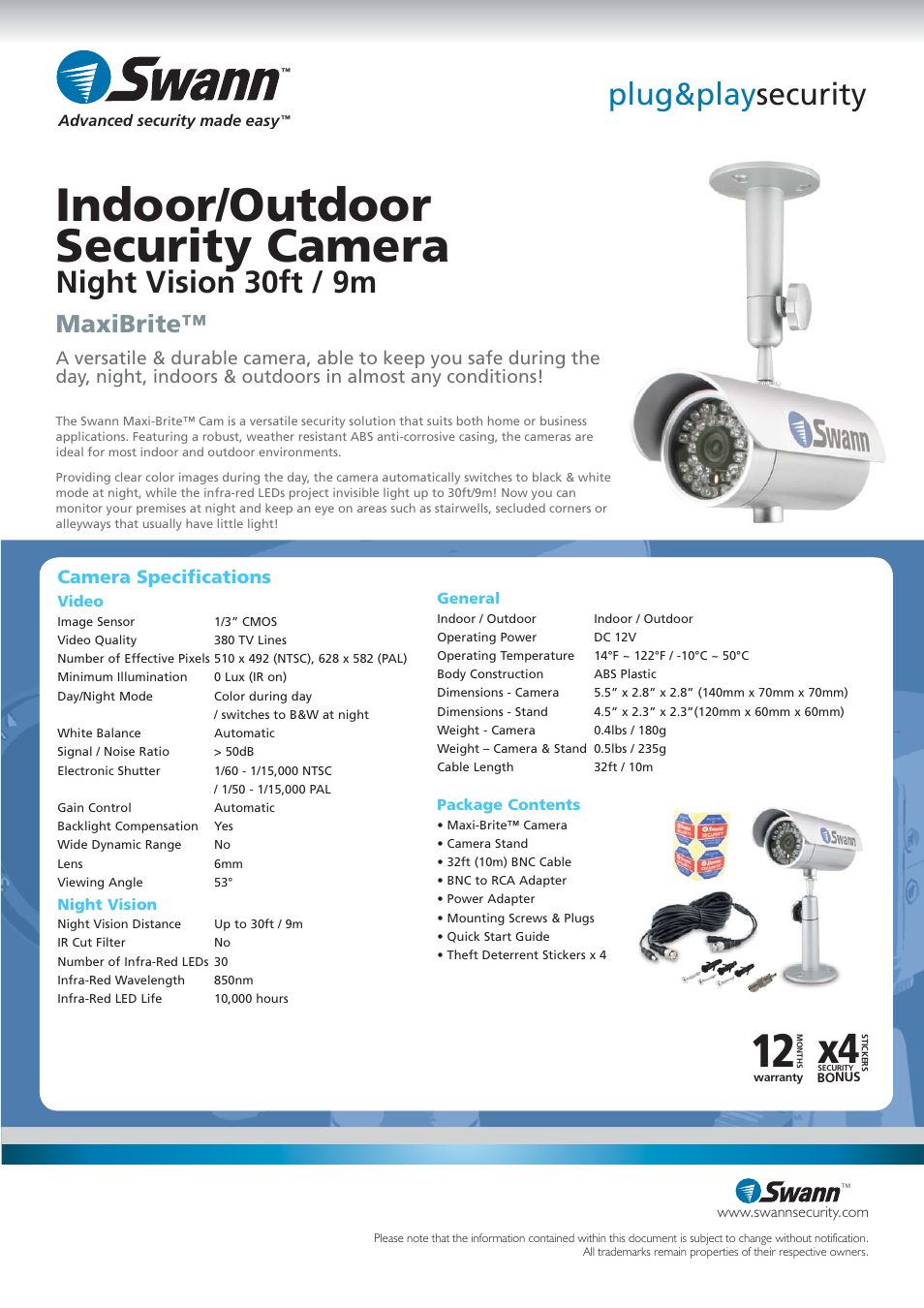 Indoor/outdoor security camera, Plug&play security, Night vision 30ft / 9m | Maxibrite, Camera speciﬁ cations | Swann MaxiBrite SW212-MXB User Manual | Page 2 / 2