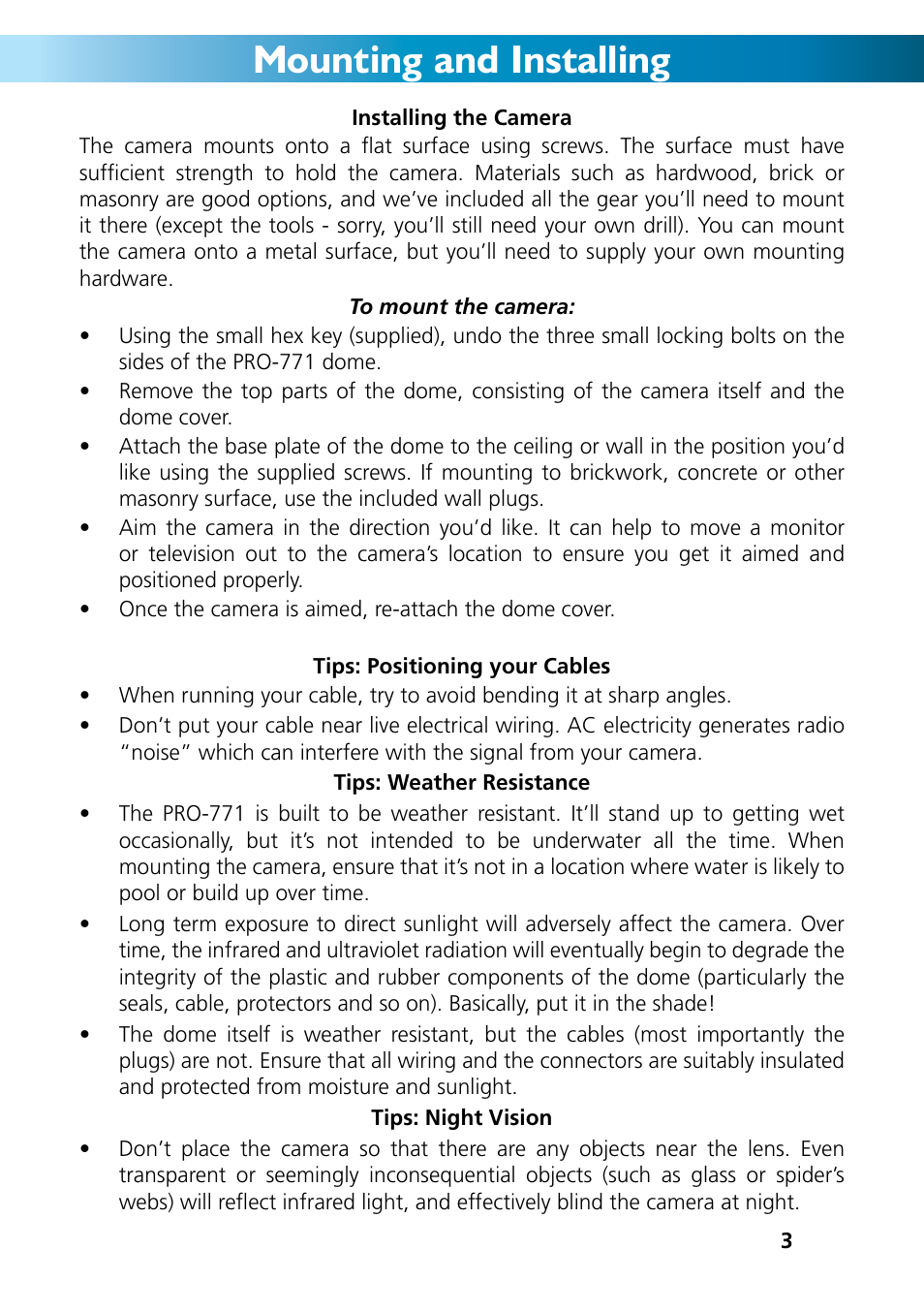 Mounting and installing | Swann PRO-771 Dome M771CAM190312E User Manual | Page 3 / 8