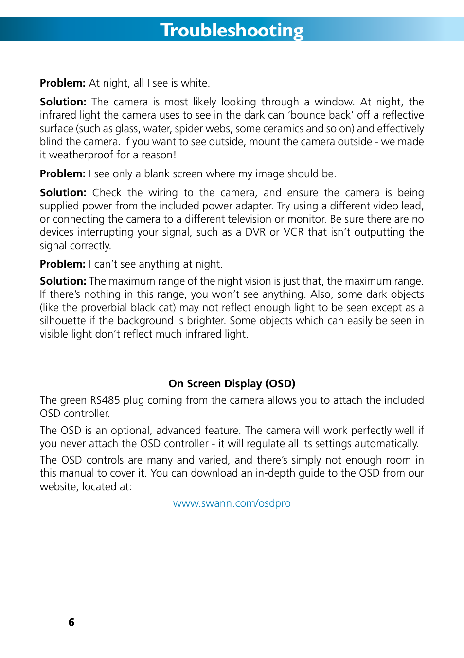Troubleshooting | Swann PRO-771 Dome M771CAM190312E User Manual | Page 6 / 8