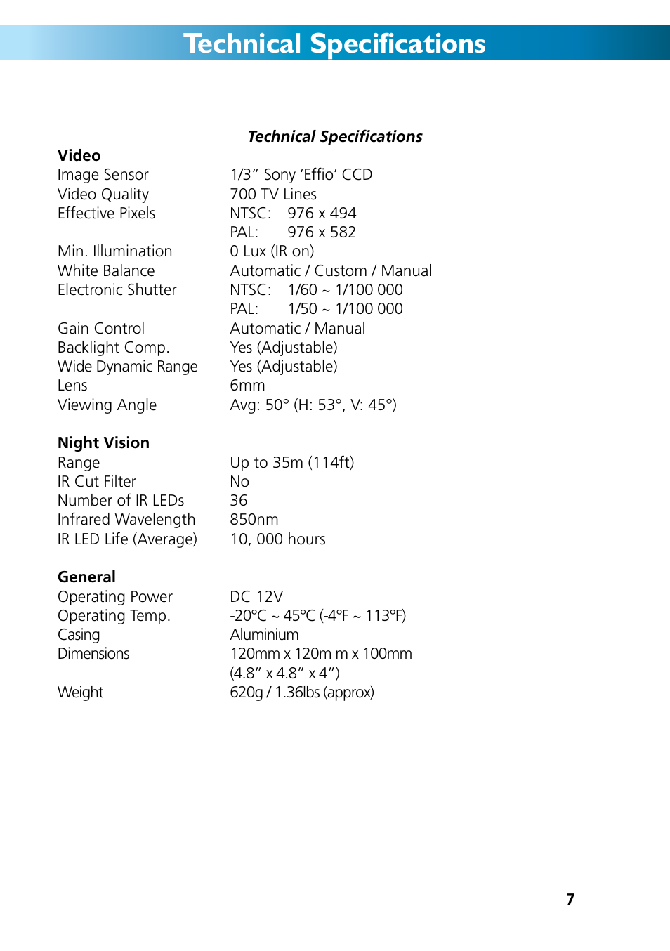 Technical specifications | Swann PRO-771 Dome M771CAM190312E User Manual | Page 7 / 8