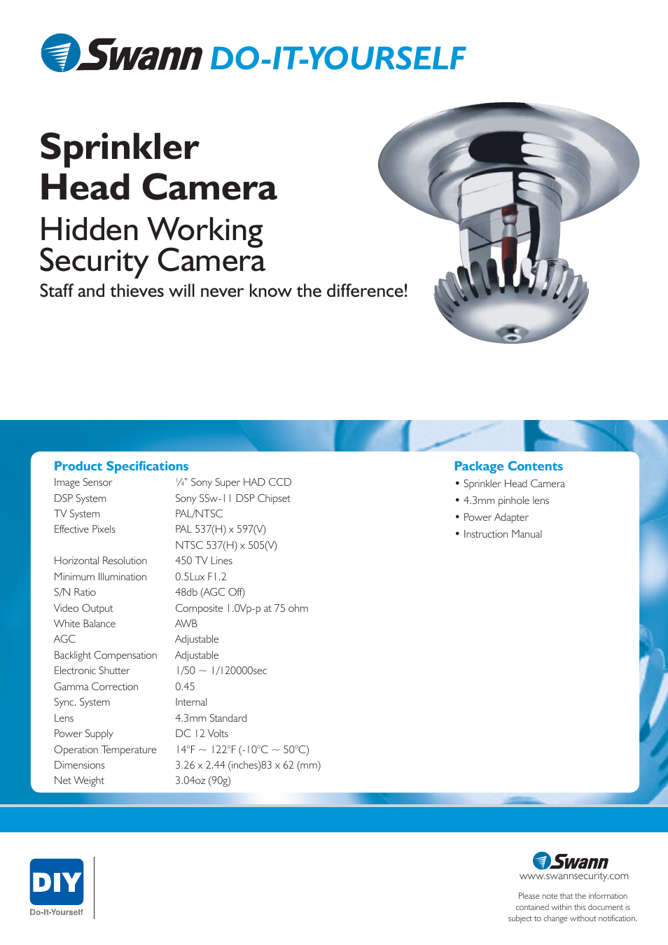 Sprinkler head camera, Hidden working security camera, Do-it-yourself | Staff and thieves will never know the difference | Swann SW223-SPR User Manual | Page 2 / 2