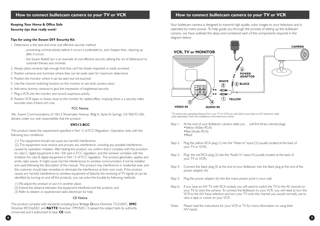 How to connect bulletcam camera to your tv or vcr | Swann BulletCam User Manual | Page 3 / 4
