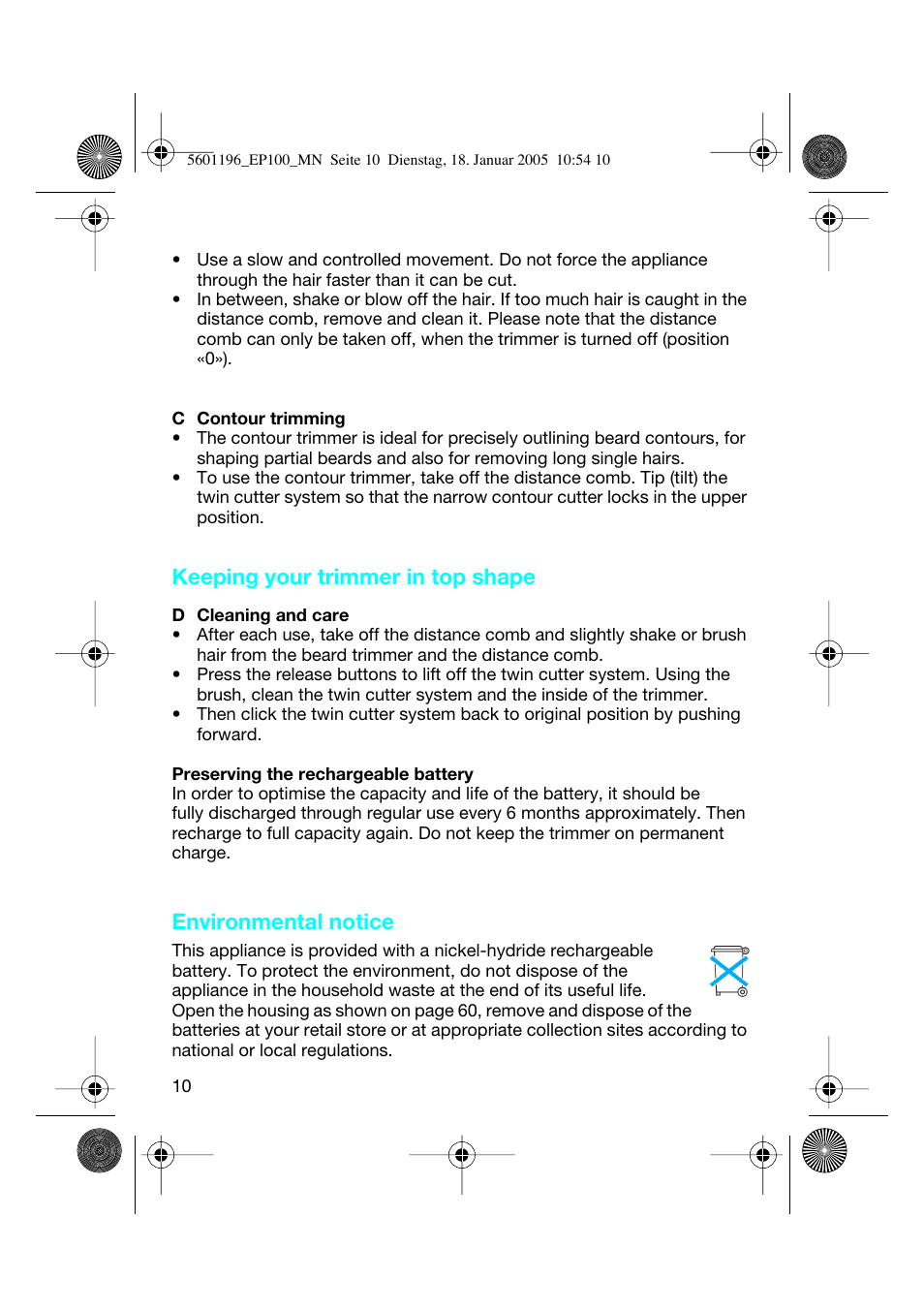 Keeping your trimmer in top shape, Environmental notice | Braun 7546 User Manual | Page 10 / 62
