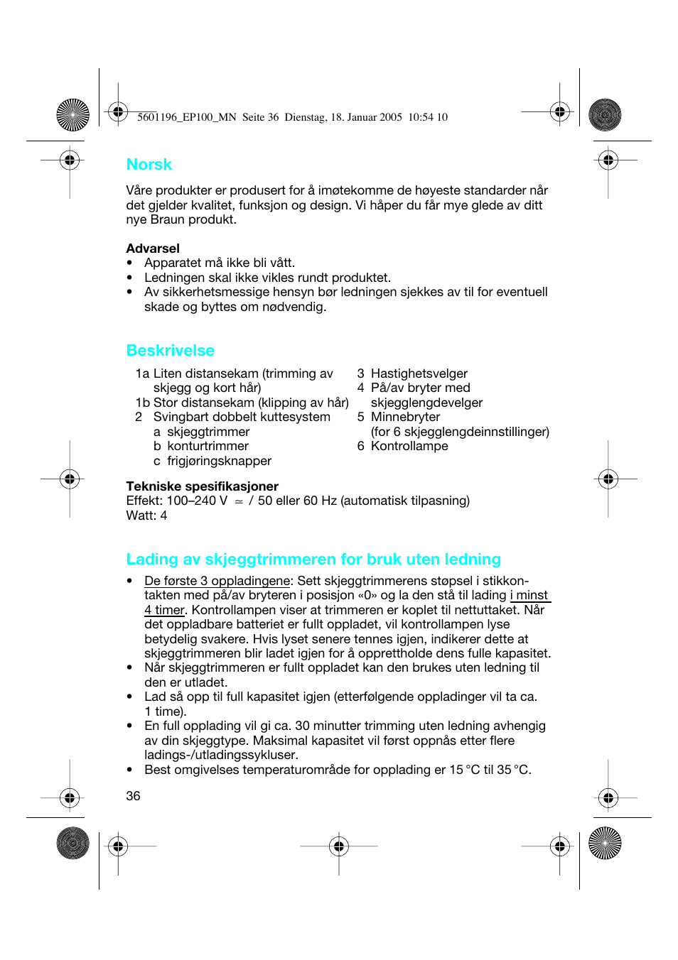 Norsk, Beskrivelse, Lading av skjeggtrimmeren for bruk uten ledning | Braun 7546 User Manual | Page 36 / 62