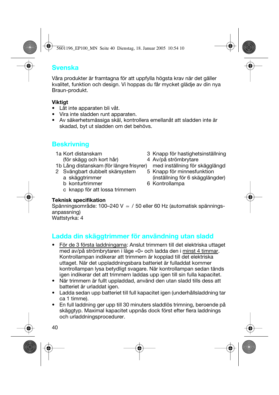 Svenska, Beskrivning, Ladda din skäggtrimmer för användning utan sladd | Braun 7546 User Manual | Page 40 / 62