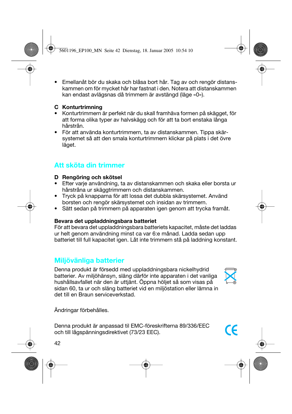 Att sköta din trimmer, Miljövänliga batterier | Braun 7546 User Manual | Page 42 / 62