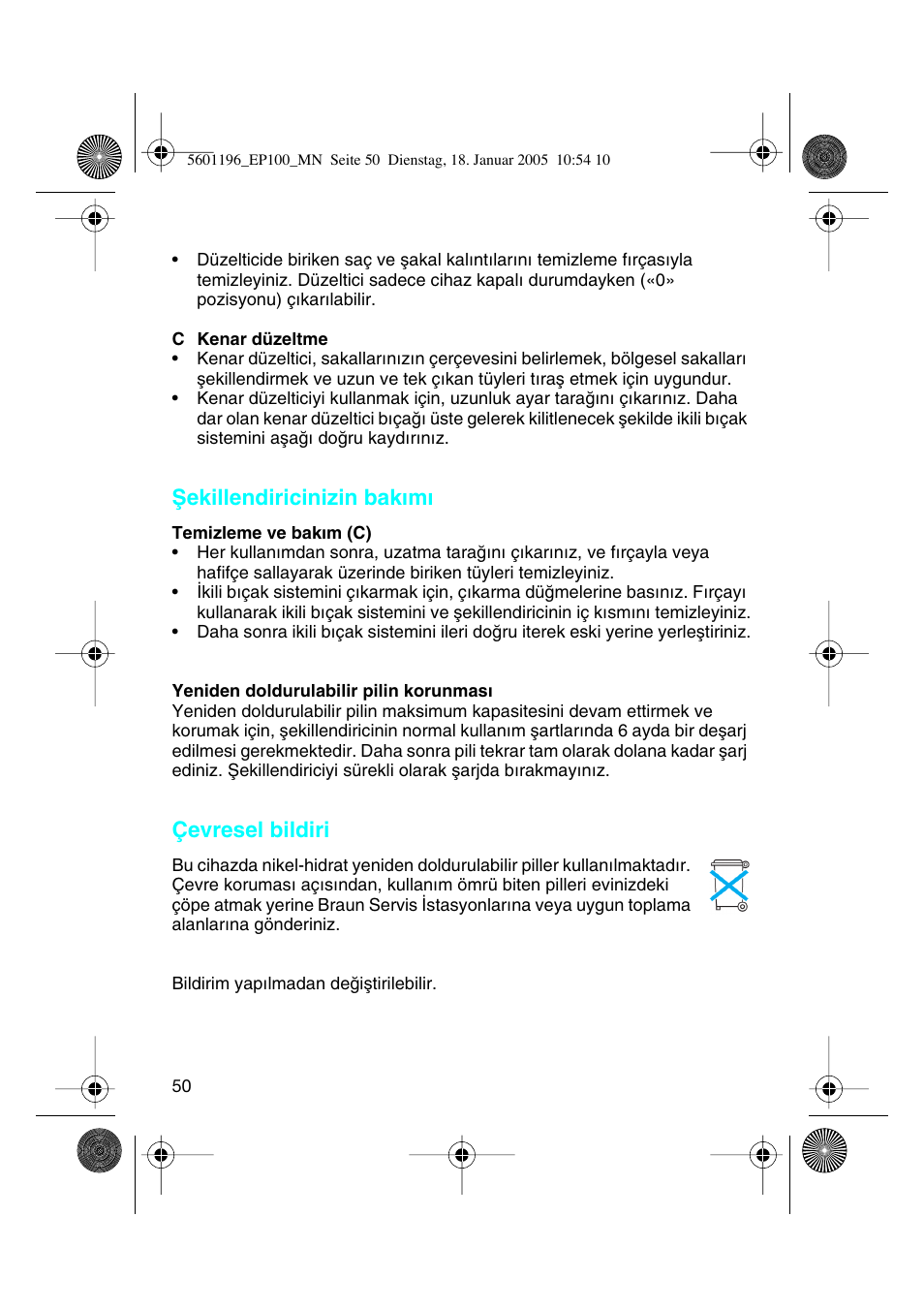 Ωekillendiricinizin bakımı, Çevresel bildiri | Braun 7546 User Manual | Page 50 / 62