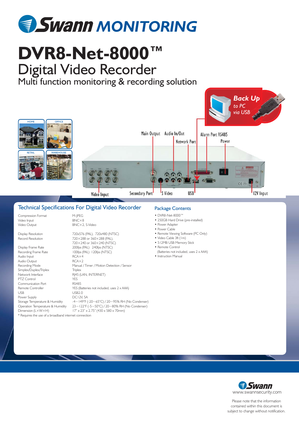 Monitoring, Digital video recorder, Multi function monitoring & recording solution | Back up | Swann SW243-8N8 User Manual | Page 2 / 2