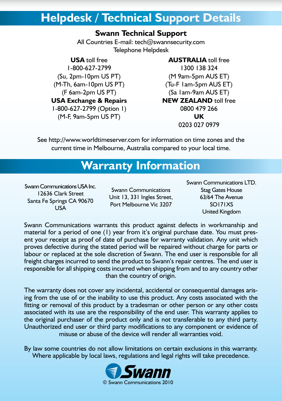 Swann technical support | Swann MWMA170510E SW351-WMA User Manual | Page 4 / 4