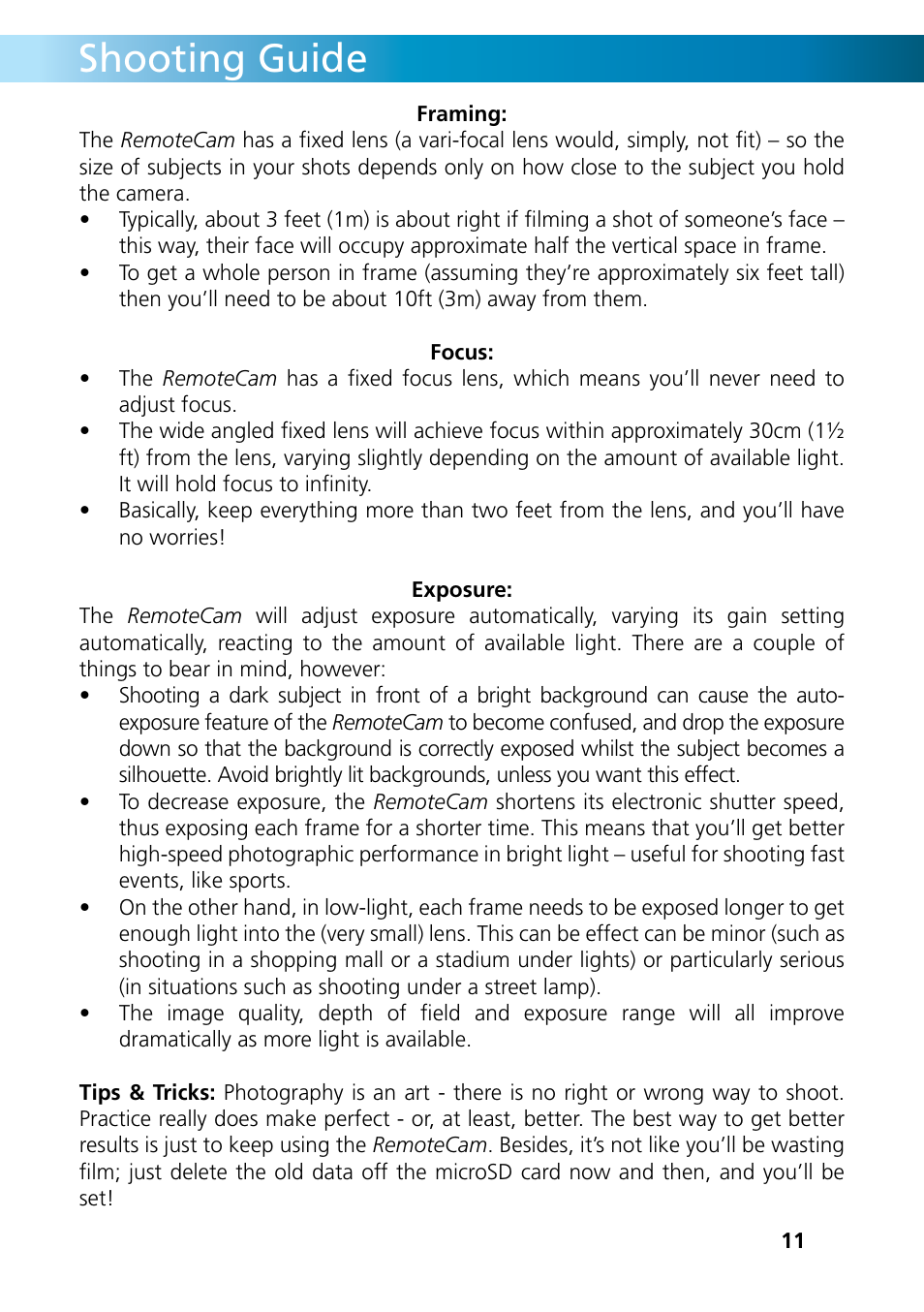 Shooting guide | Swann REMOTECAM RMC190210T User Manual | Page 11 / 48