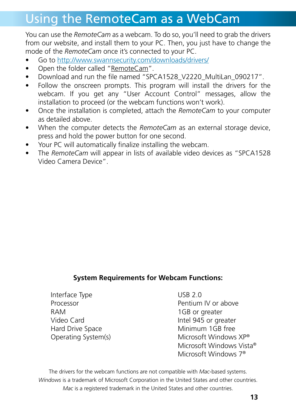 Using the remotecam as a webcam | Swann REMOTECAM RMC190210T User Manual | Page 13 / 48