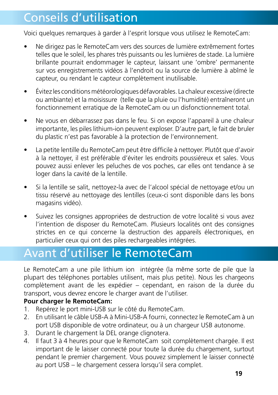 Avant d’utiliser le remotecam, Conseils d’utilisation | Swann REMOTECAM RMC190210T User Manual | Page 19 / 48